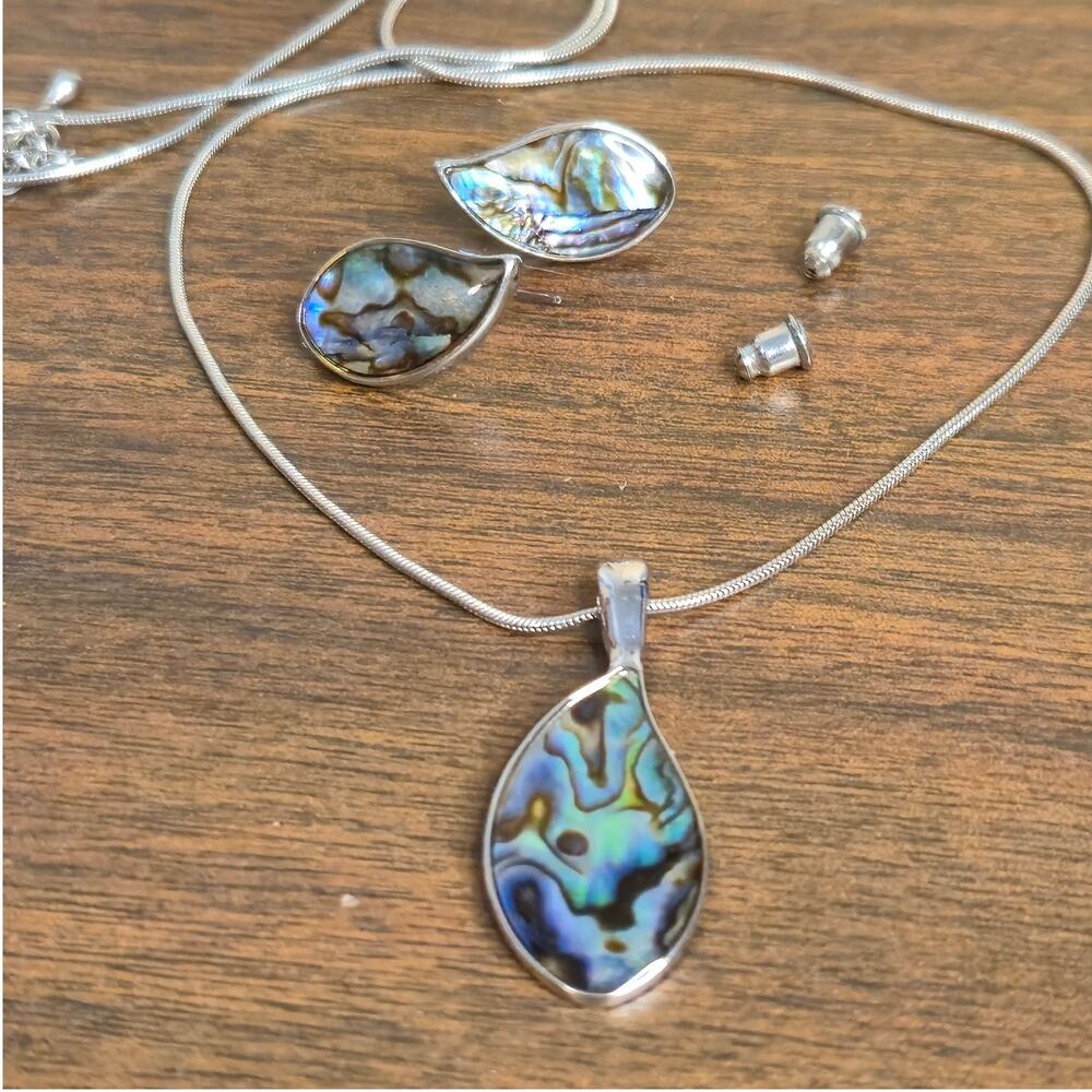 Vintage Teardrop Abalone Paua Shell Necklace Dangle Earrings Set Silver Boho
